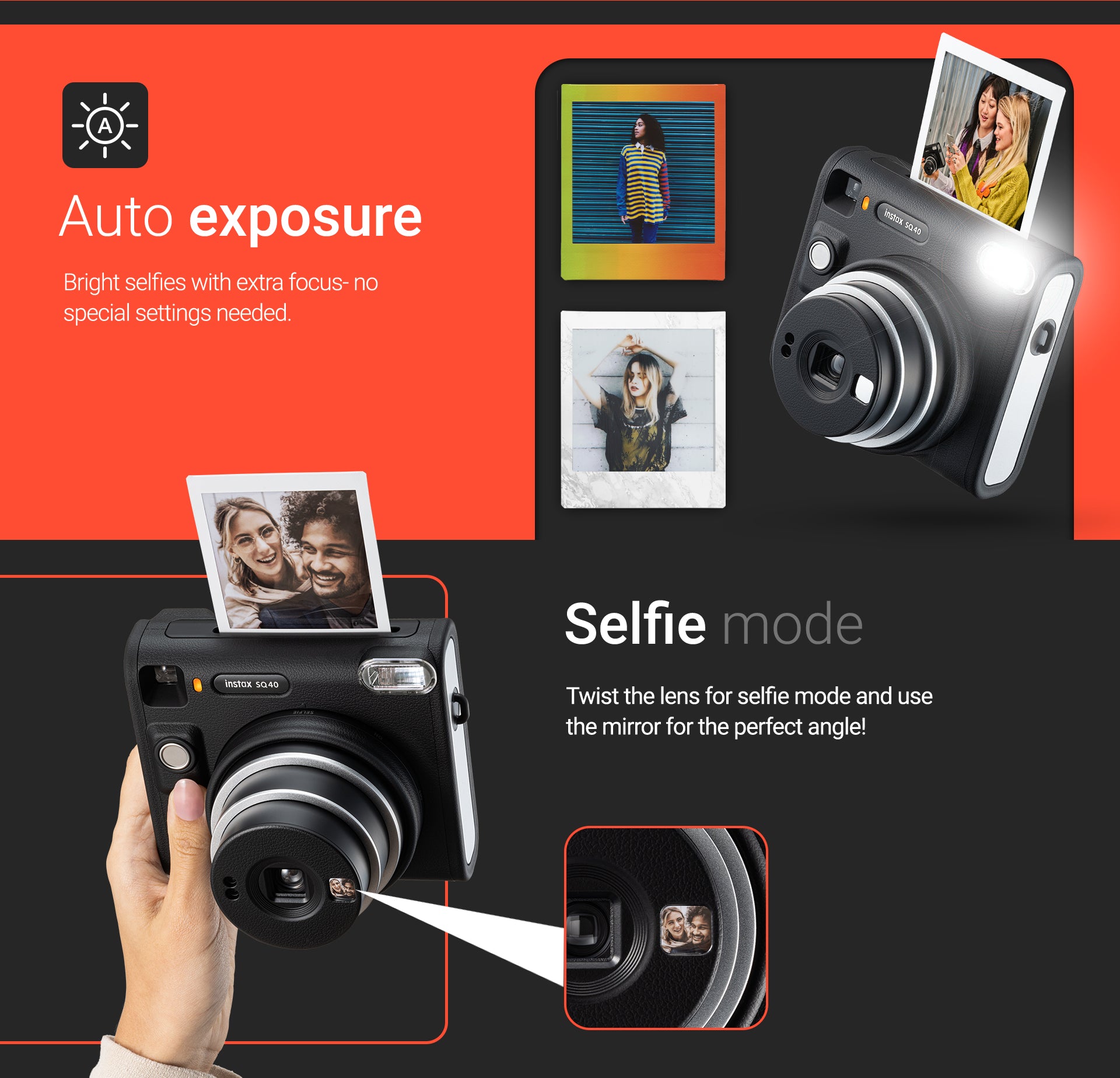 Black Instax SQ40 with selfie & auto exposure mode