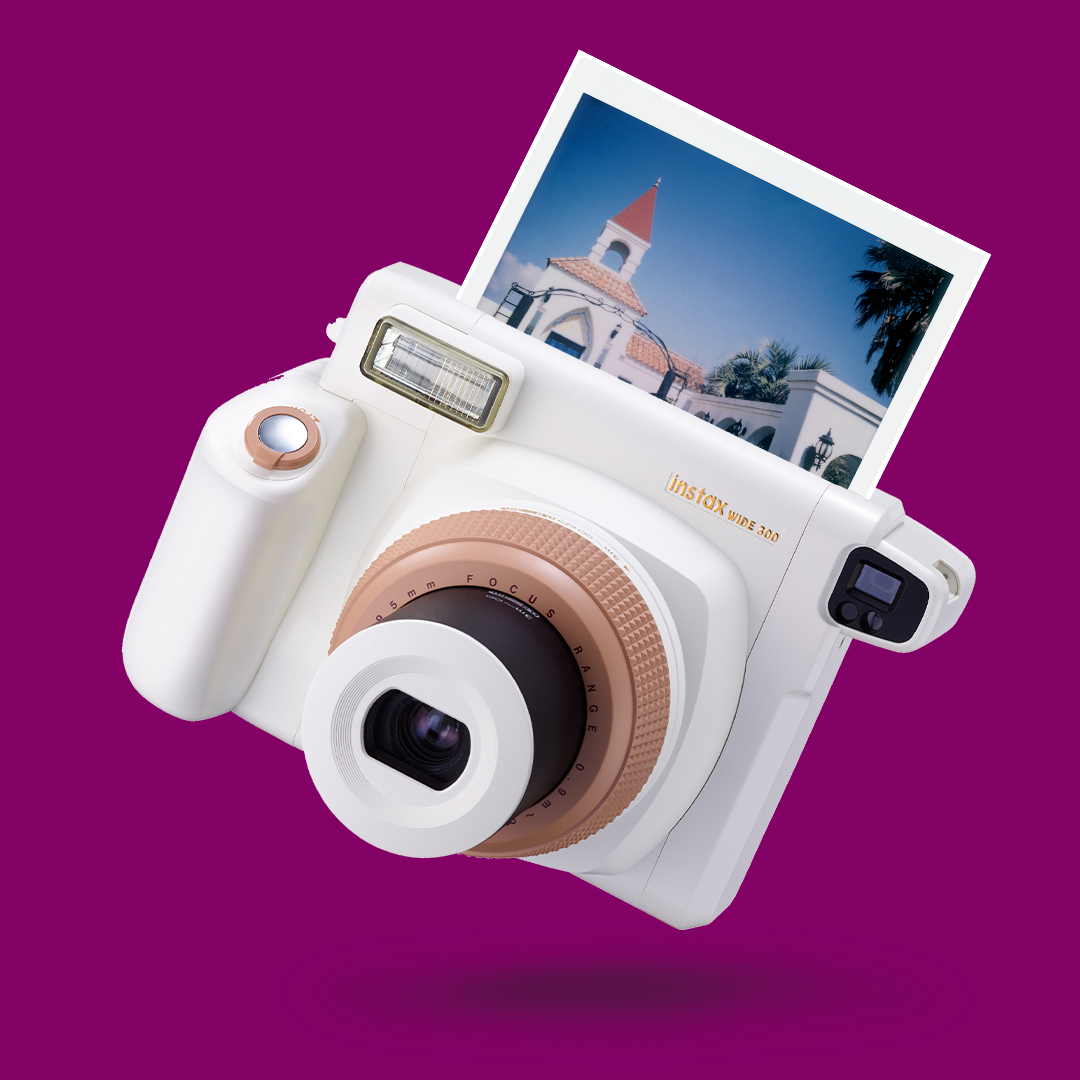 Instax Wide 300 Toffee Instant Camera. Polaroid camera white.
